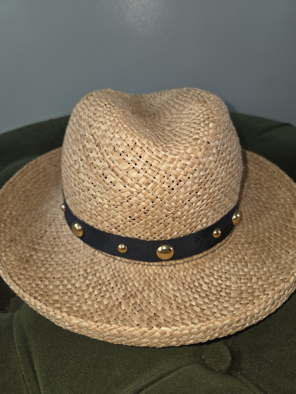 Boho Chic IMPORTINA Woven Straw Fedora Hat with Black Studded Band - Natural